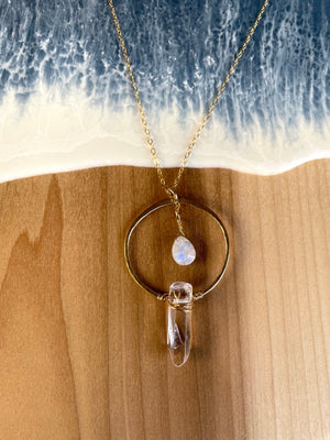 Rainbow Moonstone & Clear Quartz Intuition Necklace and Earrings Gift Set